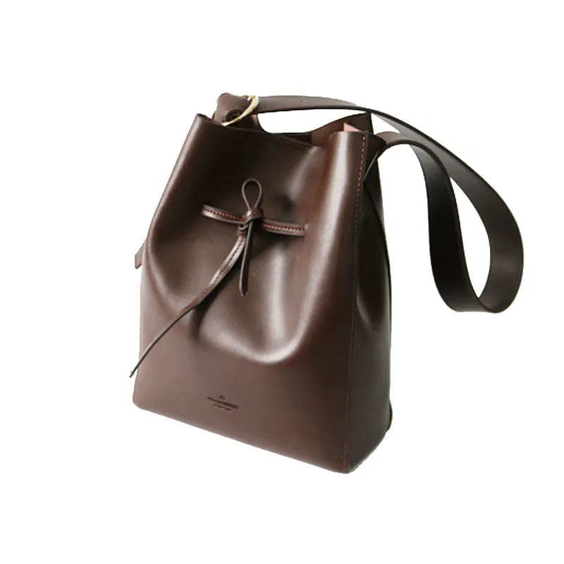 Stylish Leather Brown Womens Bucket Purse Crossbody Bag Barrel Shoulder Bag for Women