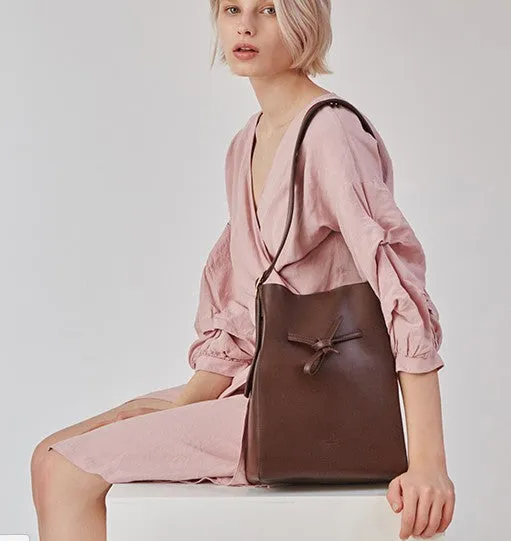 Stylish Leather Brown Womens Bucket Purse Crossbody Bag Barrel Shoulder Bag for Women