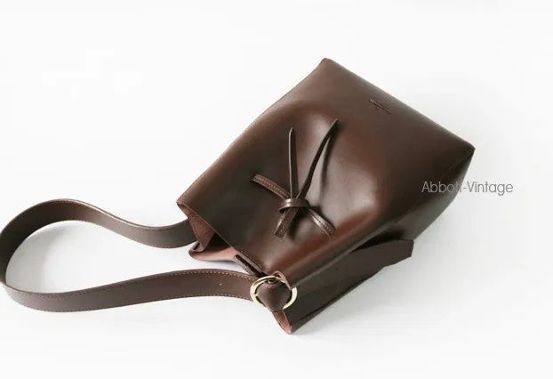 Stylish Leather Brown Womens Bucket Purse Crossbody Bag Barrel Shoulder Bag for Women