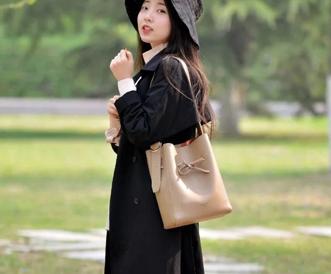 Stylish Leather Brown Womens Bucket Purse Crossbody Bag Barrel Shoulder Bag for Women