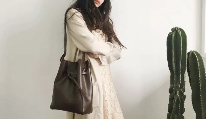 Stylish Leather Brown Womens Bucket Purse Crossbody Bag Barrel Shoulder Bag for Women