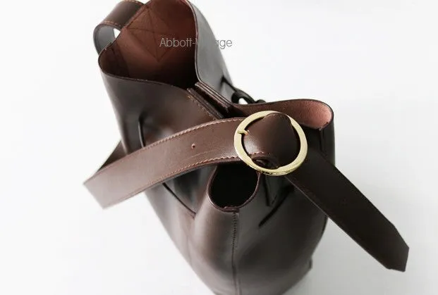 Stylish Leather Brown Womens Bucket Purse Crossbody Bag Barrel Shoulder Bag for Women