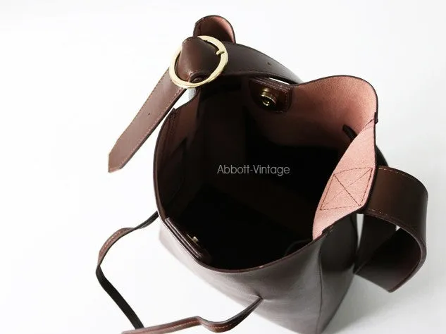 Stylish Leather Brown Womens Bucket Purse Crossbody Bag Barrel Shoulder Bag for Women