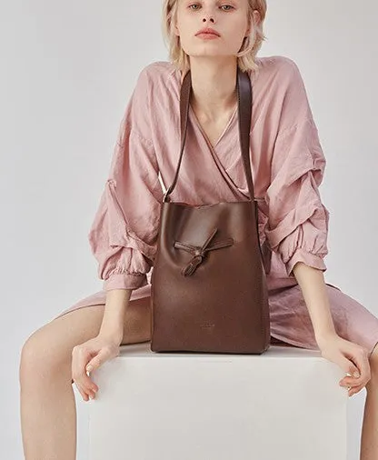 Stylish Leather Brown Womens Bucket Purse Crossbody Bag Barrel Shoulder Bag for Women