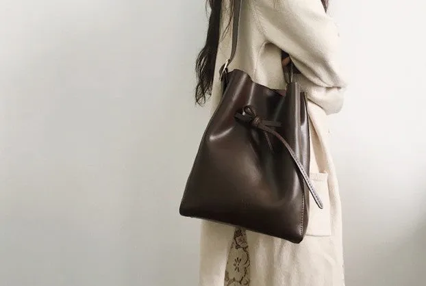 Stylish Leather Brown Womens Bucket Purse Crossbody Bag Barrel Shoulder Bag for Women