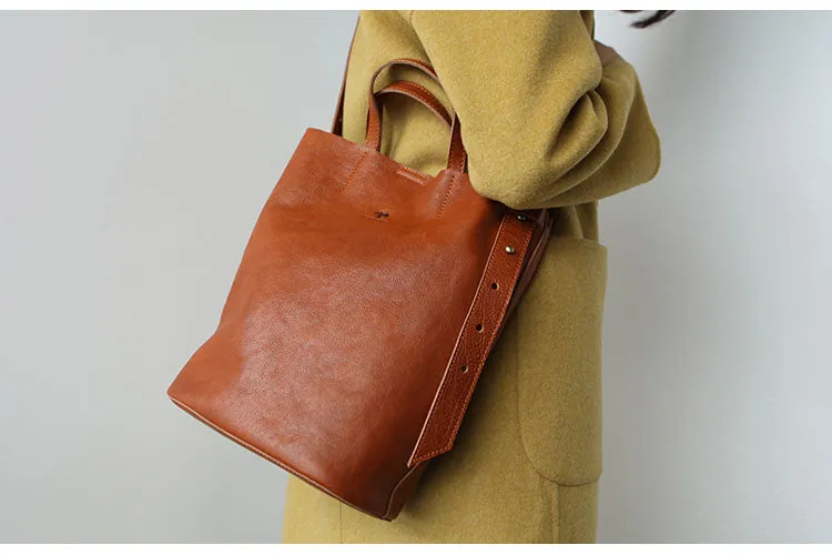 Stylish Leather Bucket Bag Large Tote Bag Shopper Barrel Bag Shoulder Bag Purse For Women