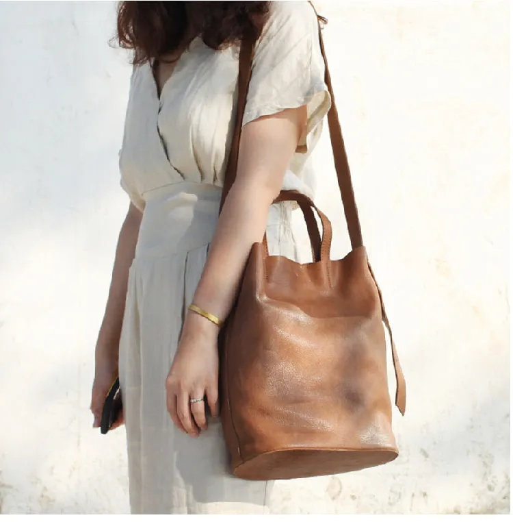 Stylish Leather Bucket Bag Large Tote Bag Shopper Barrel Bag Shoulder Bag Purse For Women