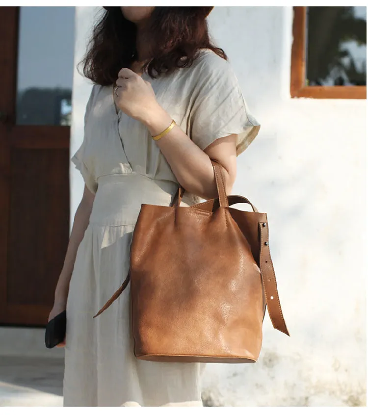 Stylish Leather Bucket Bag Large Tote Bag Shopper Barrel Bag Shoulder Bag Purse For Women