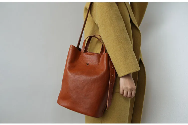 Stylish Leather Bucket Bag Large Tote Bag Shopper Barrel Bag Shoulder Bag Purse For Women