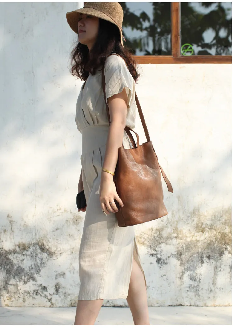 Stylish Leather Bucket Bag Large Tote Bag Shopper Barrel Bag Shoulder Bag Purse For Women
