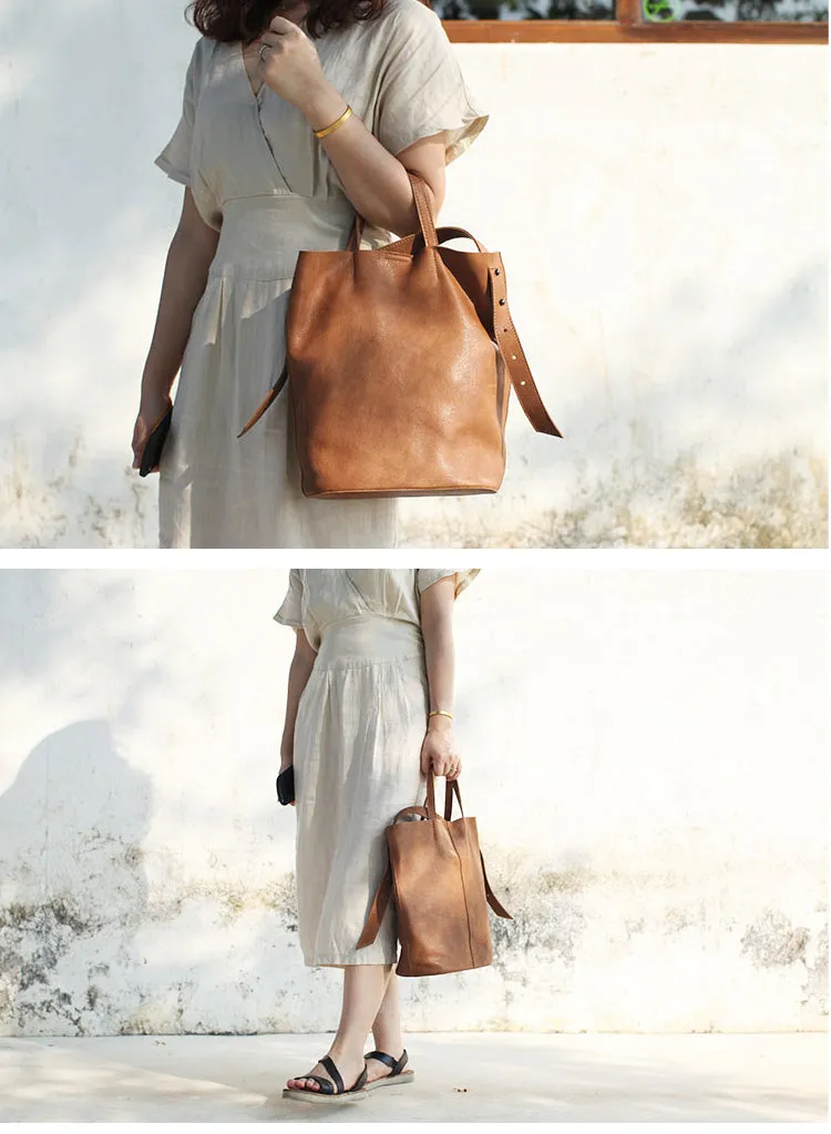 Stylish Leather Bucket Bag Large Tote Bag Shopper Barrel Bag Shoulder Bag Purse For Women
