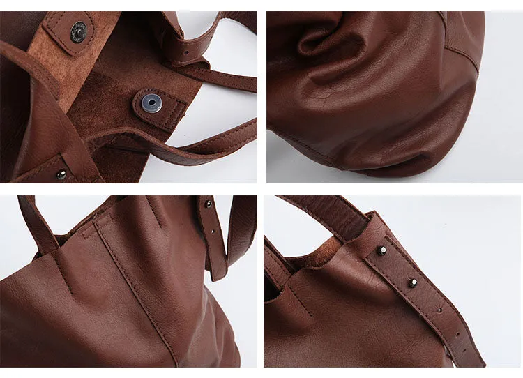 Stylish Leather Bucket Bag Large Tote Bag Shopper Barrel Bag Shoulder Bag Purse For Women