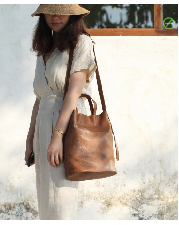 Stylish Leather Bucket Bag Large Tote Bag Shopper Barrel Bag Shoulder Bag Purse For Women