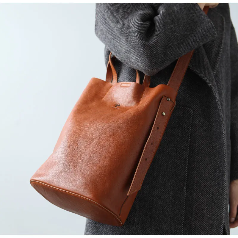 Stylish Leather Bucket Bag Large Tote Bag Shopper Barrel Bag Shoulder Bag Purse For Women