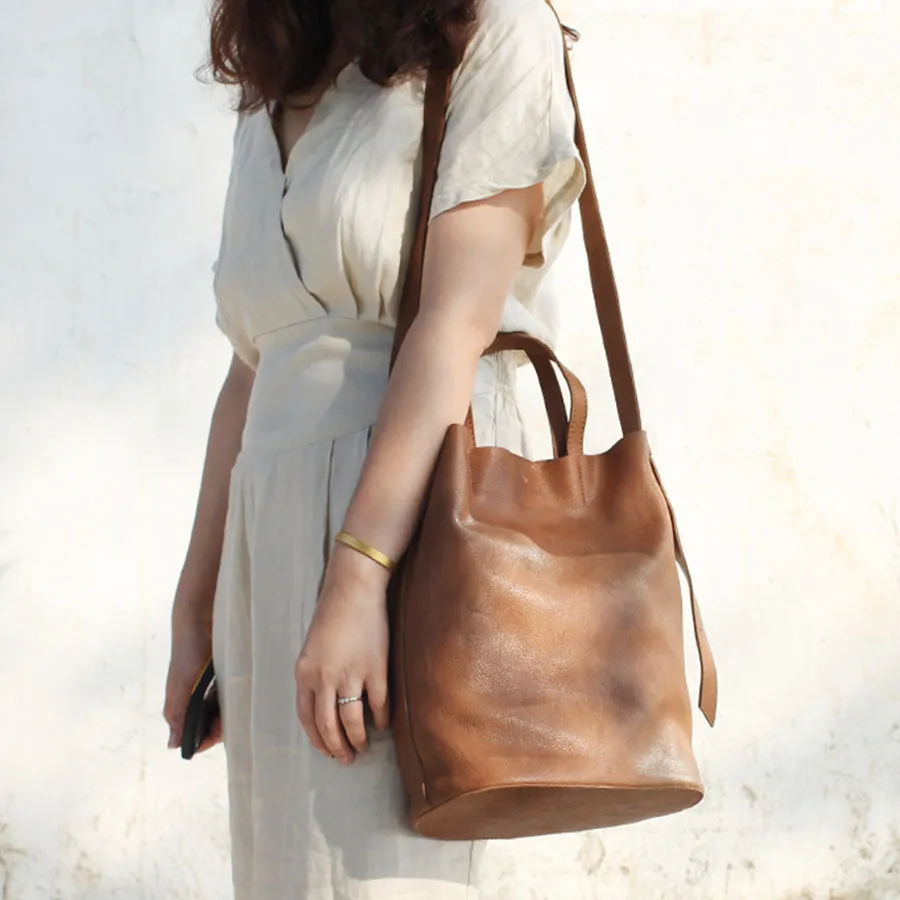 Stylish Leather Bucket Bag Large Tote Bag Shopper Barrel Bag Shoulder Bag Purse For Women