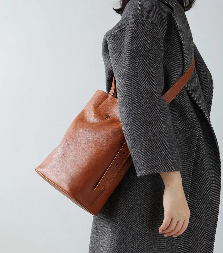 Stylish Leather Bucket Bag Large Tote Bag Shopper Barrel Bag Shoulder Bag Purse For Women