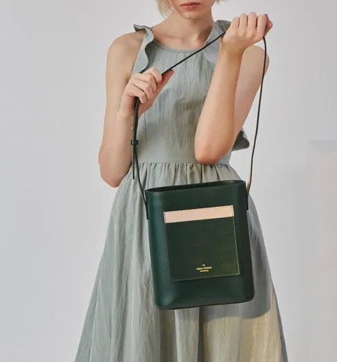 Stylish Leather Green Coffee Womens Bucket Purse Crossbody Bag Barrel Shoulder Bag for Women