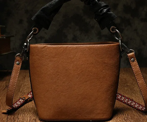 Stylish Leather Red Bucket Handbag Shoulder Bag Barrel Purse For Women