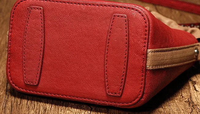 Stylish Leather Red Bucket Handbag Shoulder Bag Barrel Purse For Women