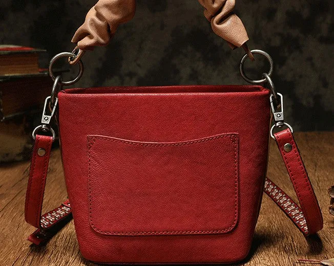Stylish Leather Red Bucket Handbag Shoulder Bag Barrel Purse For Women