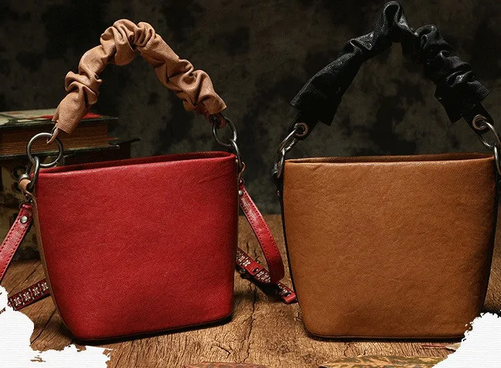 Stylish Leather Red Bucket Handbag Shoulder Bag Barrel Purse For Women