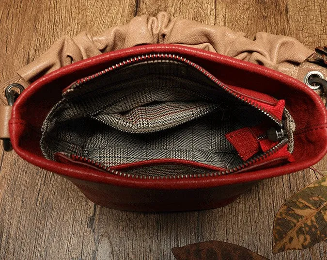 Stylish Leather Red Bucket Handbag Shoulder Bag Barrel Purse For Women