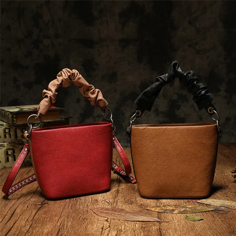 Stylish Leather Red Bucket Handbag Shoulder Bag Barrel Purse For Women