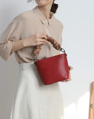 Stylish Leather Red Bucket Handbag Shoulder Bag Barrel Purse For Women