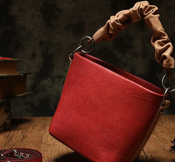 Stylish Leather Red Bucket Handbag Shoulder Bag Barrel Purse For Women