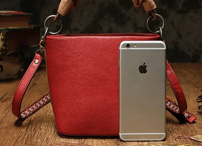 Stylish Leather Red Bucket Handbag Shoulder Bag Barrel Purse For Women