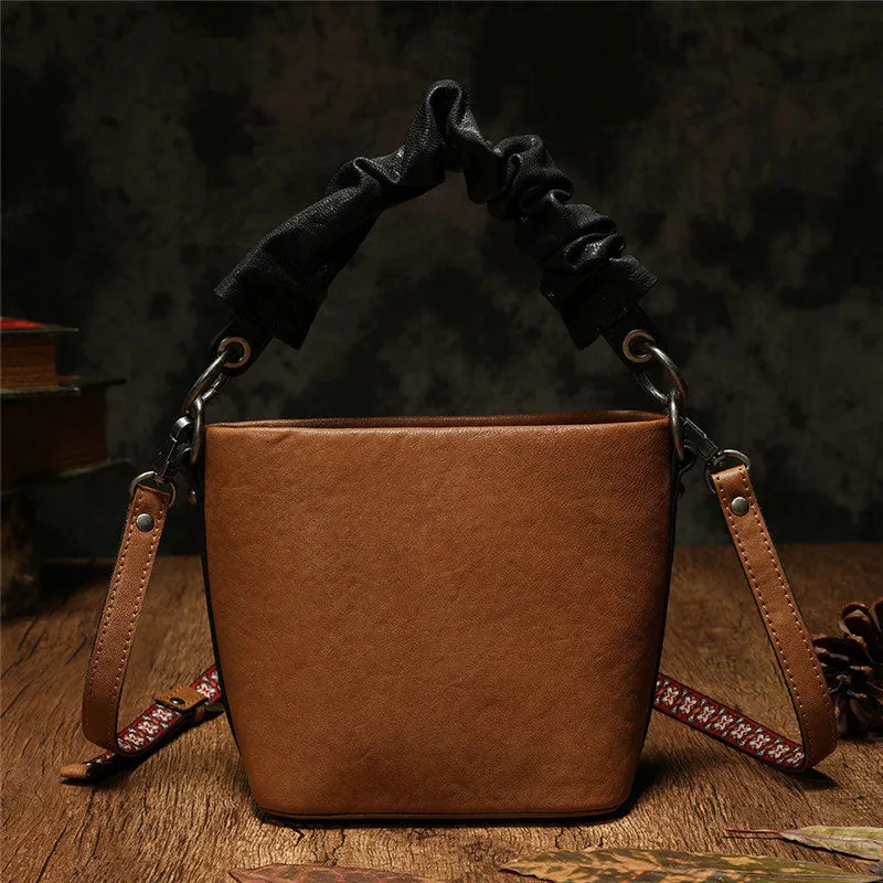 Stylish Leather Red Bucket Handbag Shoulder Bag Barrel Purse For Women