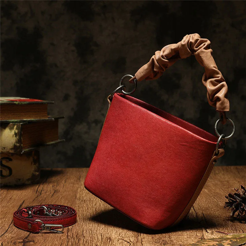 Stylish Leather Red Bucket Handbag Shoulder Bag Barrel Purse For Women
