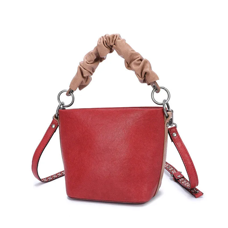 Stylish Leather Red Bucket Handbag Shoulder Bag Barrel Purse For Women