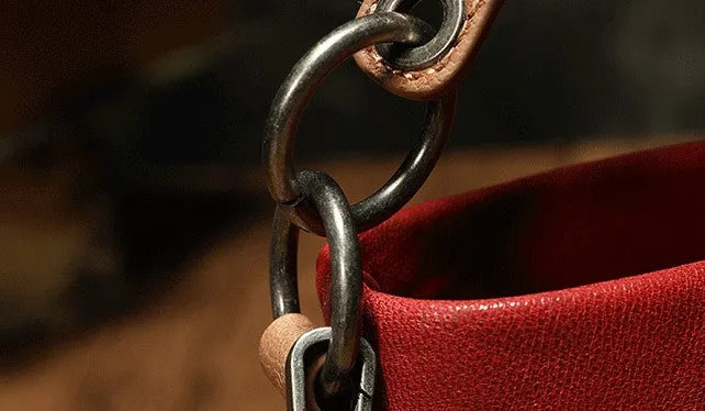 Stylish Leather Red Bucket Handbag Shoulder Bag Barrel Purse For Women