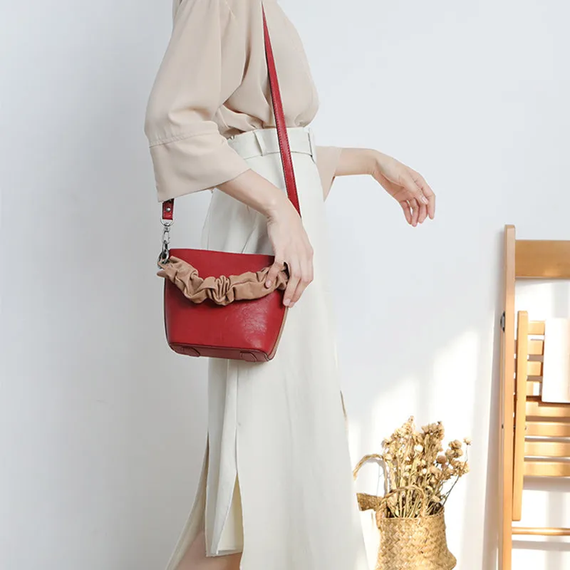 Stylish Leather Red Bucket Handbag Shoulder Bag Barrel Purse For Women