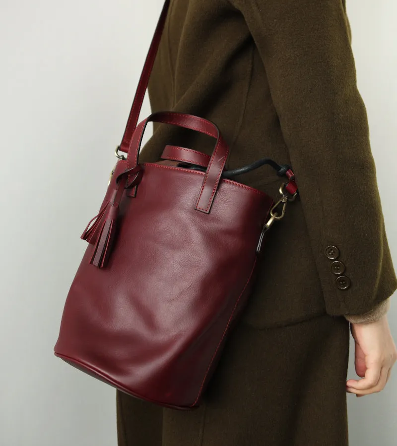 Stylish LEATHER WOMEN Large Bucket Handbag Barrel SHOULDER BAG Crossbody Purse FOR WOMEN
