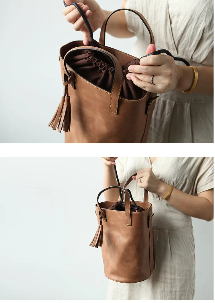 Stylish LEATHER WOMEN Large Bucket Handbag Barrel SHOULDER BAG Crossbody Purse FOR WOMEN