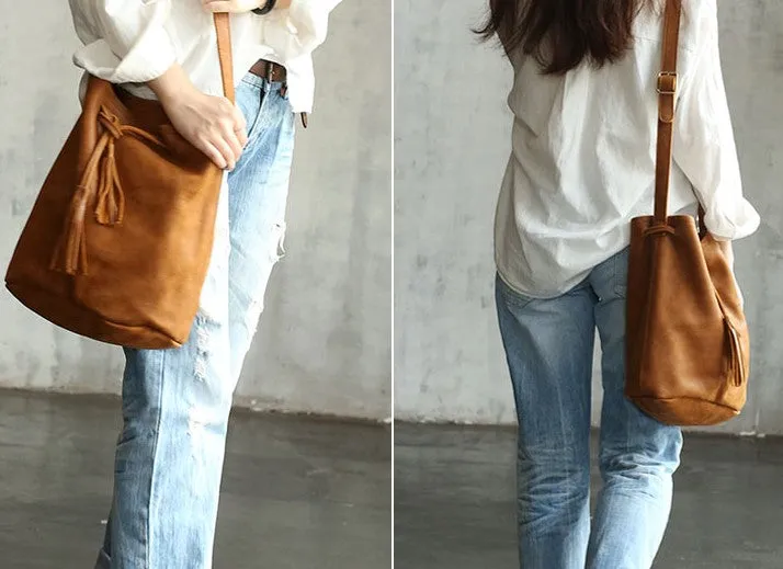 Stylish LEATHER WOMENs Bucket Crossbody Purse Barrel SHOULDER BAG FOR WOMEN