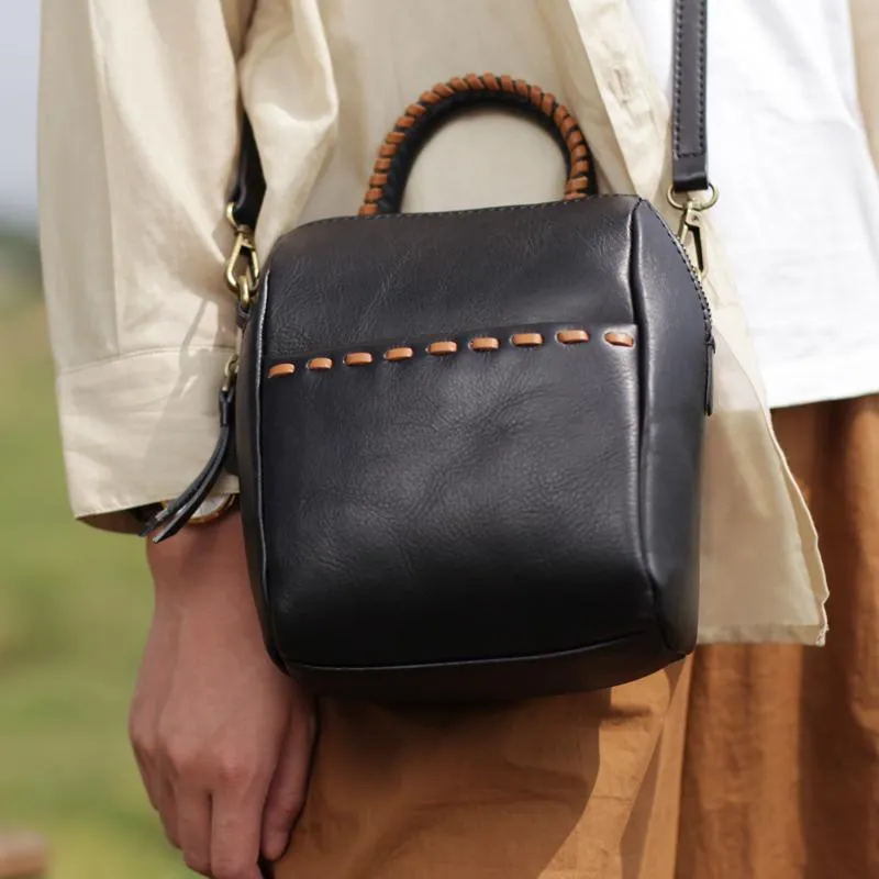 Stylish Womens White Leather Bucket Handbag Black Shoulder Bag Vertical Purses for Ladies