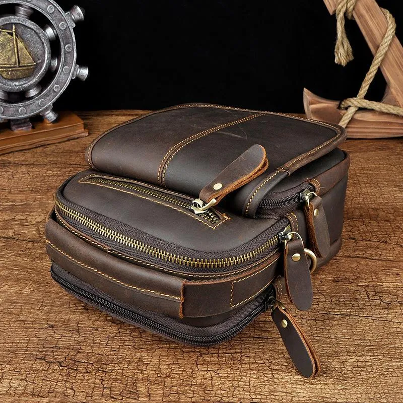 Tan Cool Leather Men Small Side Bag Messenger Bag Belt Pouch Waist Bag for Men