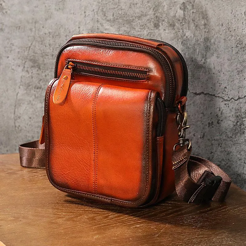 Tan Cool Leather Men Small Side Bag Messenger Bag Belt Pouch Waist Bag for Men