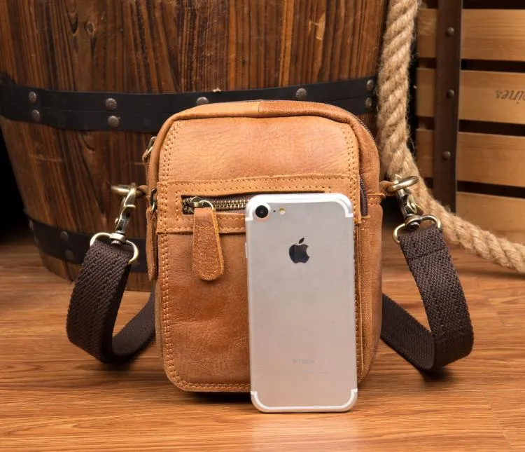 Tan Leather Mens Belt Pouch Small Courier Bag Waist Bag Belt Bag Messenger Bag for Men
