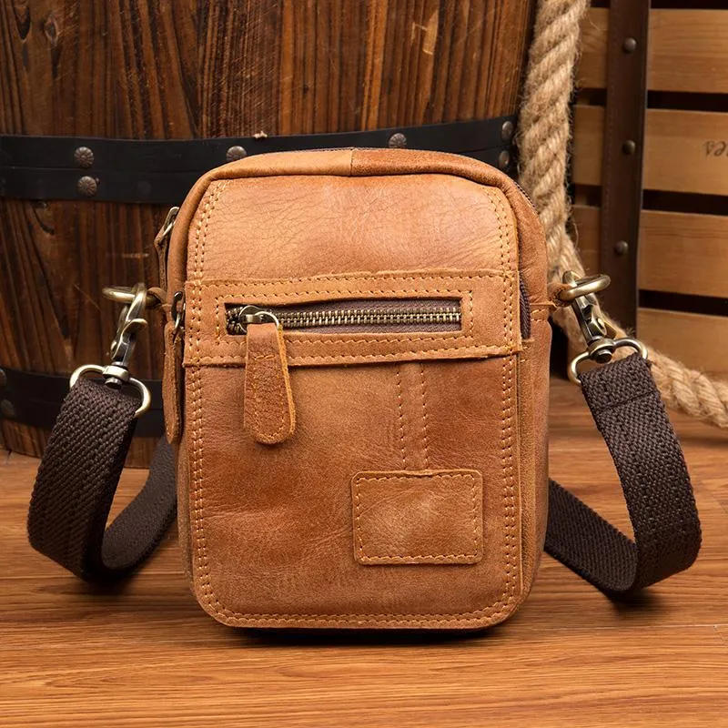 Tan Leather Mens Belt Pouch Small Courier Bag Waist Bag Belt Bag Messenger Bag for Men