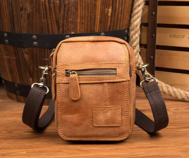 Tan Leather Mens Belt Pouch Small Courier Bag Waist Bag Belt Bag Messenger Bag for Men