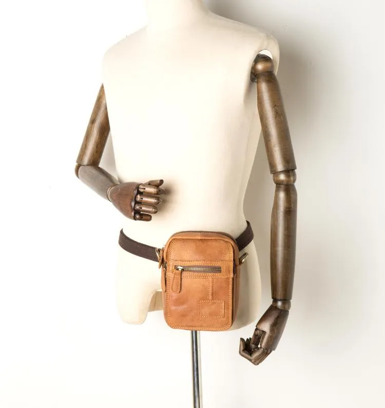 Tan Leather Mens Belt Pouch Small Courier Bag Waist Bag Belt Bag Messenger Bag for Men