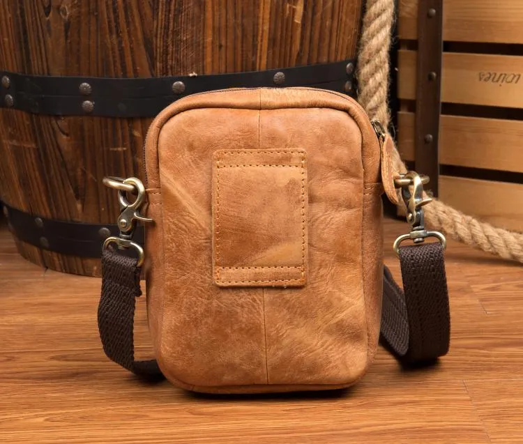 Tan Leather Mens Belt Pouch Small Courier Bag Waist Bag Belt Bag Messenger Bag for Men