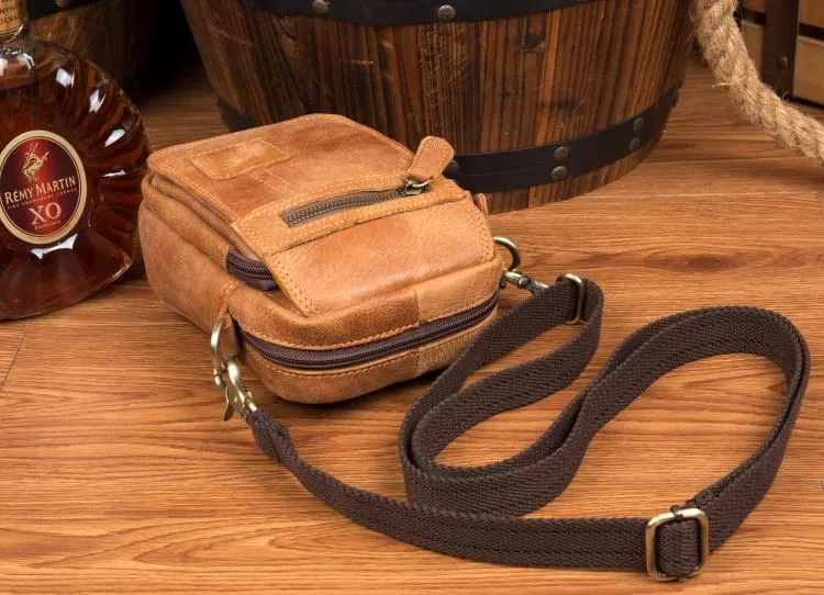 Tan Leather Mens Belt Pouch Small Courier Bag Waist Bag Belt Bag Messenger Bag for Men