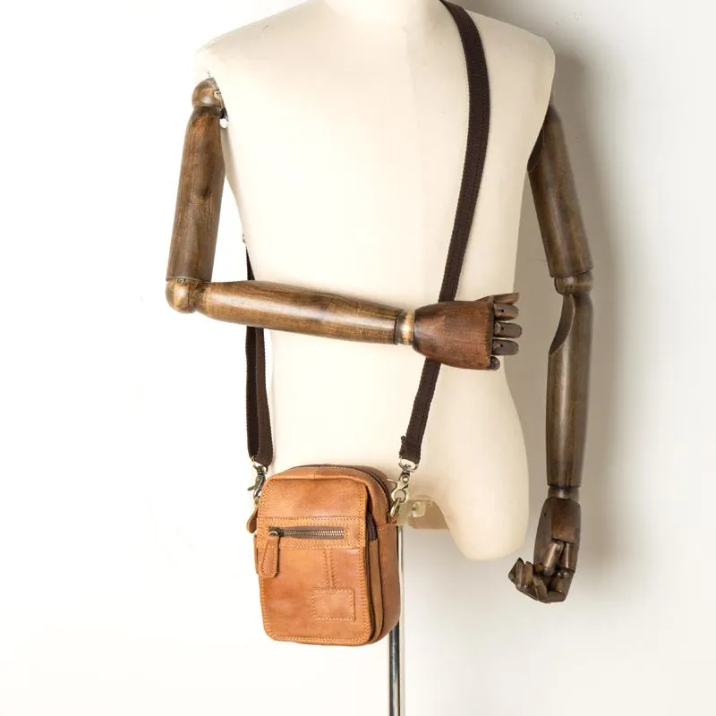 Tan Leather Mens Belt Pouch Small Courier Bag Waist Bag Belt Bag Messenger Bag for Men