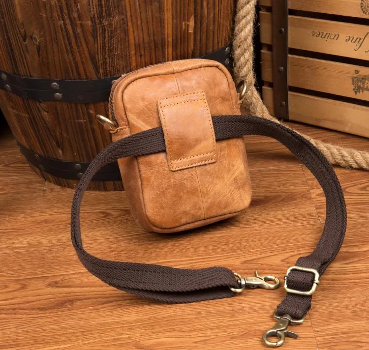 Tan Leather Mens Belt Pouch Small Courier Bag Waist Bag Belt Bag Messenger Bag for Men