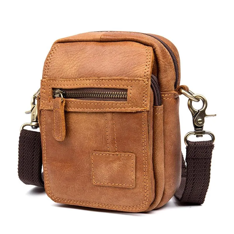 Tan Leather Mens Belt Pouch Small Courier Bag Waist Bag Belt Bag Messenger Bag for Men